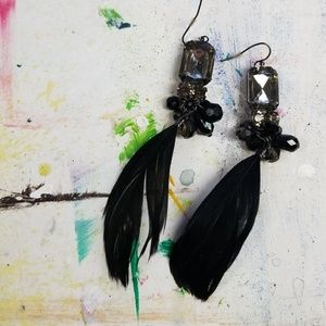 Black Smoky Quartz & Feather Drop Earrings